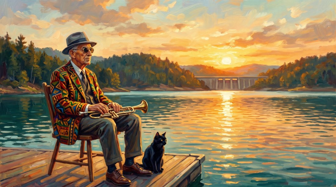 The man with the hat and his black cat on the pontoon at Văliug, at sunset.